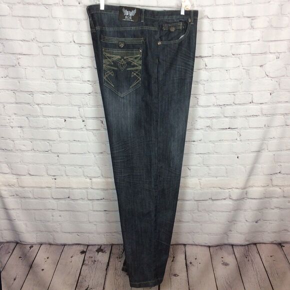 ROK Men’s Sz 44x34 Blue Jeans Denim Straight Leg Embroidered Pockets Whiskering - Picture 1 of 11